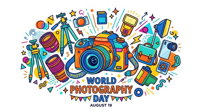 World Photography Day illustration. Colorful graphic design celebrating photography