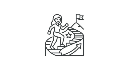 Fototapeta premium Creative Line Drawing of Woman Climbing Steps Towards Flagpole with Star Symbol on Globe Base with high quality professional line art symbols for modern creative design and digital branding projects