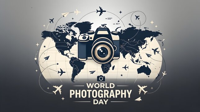 World Photography Day celebration with vintage camera and globe. Retro film photography concept for creative professionals and hobbyists.