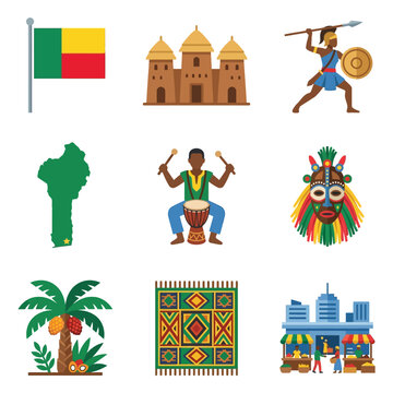 Flat vector icon set of Benin culture featuring the national flag, map, Tata Somba architecture, African warrior, djembe drummer, tribal mask, oil palm, traditional textile, and market scene.