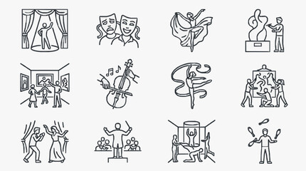 Fototapeta premium Professional Black and White Line Set of Iconic Performing Arts and Entertainment Symbols with high quality professional line art symbols for modern creative design and digital branding projects