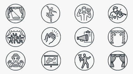 Fototapeta premium Corporate Icons Set of Black and White Line Art Illustrations Featuring Theater Dance and Performance Elements