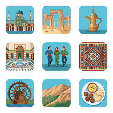 Flat vector illustration set of Syrian cultural symbols including Umayyad Mosque, Palmyra ruins, Dallah coffee pot, Dabke dancers, Norias of Hama water wheels, and traditional cuisine.