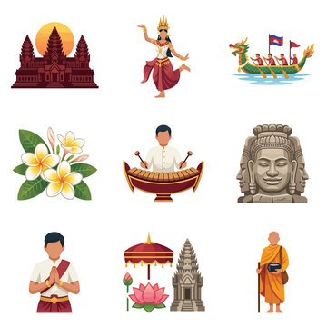 Flat vector set of Cambodian culture icons including Angkor Wat temple, Apsara dancer, dragon boat, frangipani flowers, musician, Bayon stone faces, traditional greeting, and monk.