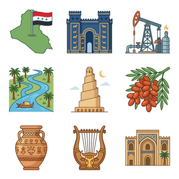 Flat vector icons of Iraq heritage: map with flag, Ishtar Gate, oil pump, Tigris river, Samarra spiral minaret, date fruit, Bull Lyre of Ur, and ancient Mesopotamian pottery symbols.