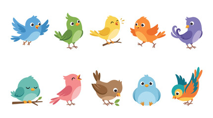 Fototapeta premium Cute Cartoon Birds Collection: Vibrant Colors, Playful Poses, White Background