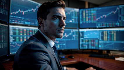 Fototapeta premium Man in suit intensely observing stock market graphs on multiple monitors, dramatic lighting, concept for financial trading, data analysis and investment strategy