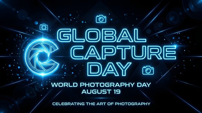 World Photography Day celebration poster with global capture theme. International photo event banner for August 19 with digital art background.
