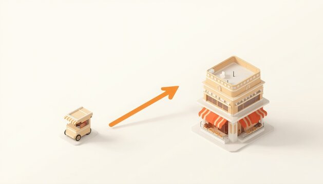 Small retail shop scaling into large multi level commercial store with isometric business expansion building architecture development comparison commercial property improvement investment