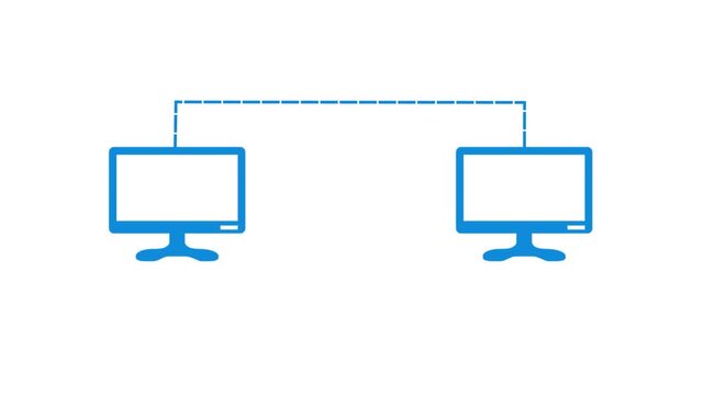 Two computer monitors connected by a dashed line animation on a black background