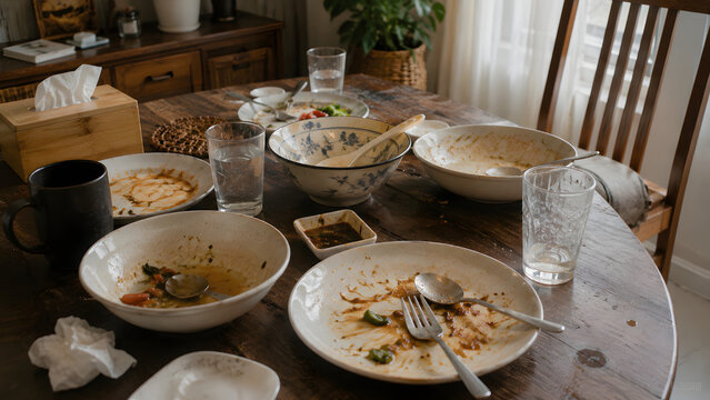 Messy kitchen table filled with dirty dishes, pots, and food leftovers