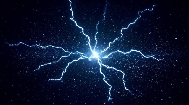 Intense blue lightning striking the dark night sky powerful electrical storm and dramatic nature scene