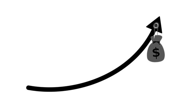 Upward arrow carrying money bag animation, Upward curved arrow animated