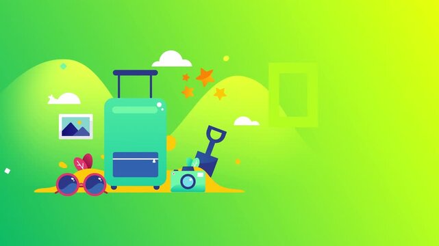 Summer vacation travel concept with luggage camera and beach items on green background.