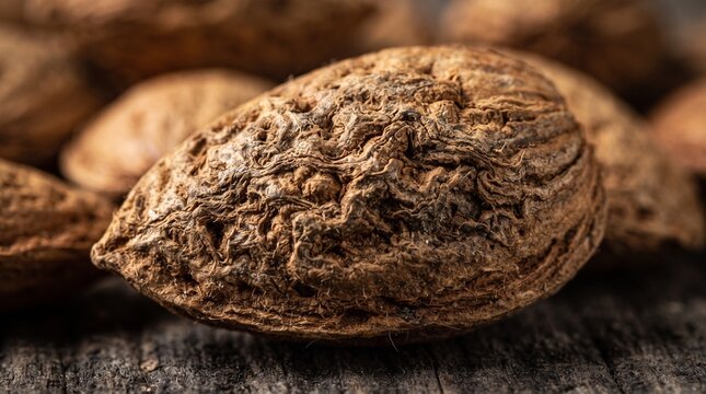 Close-up of raw almonds highlighting detailed ridged shell texture, natural earthy tones, and realistic surface details, perfect for healthy food and nutrition concepts.