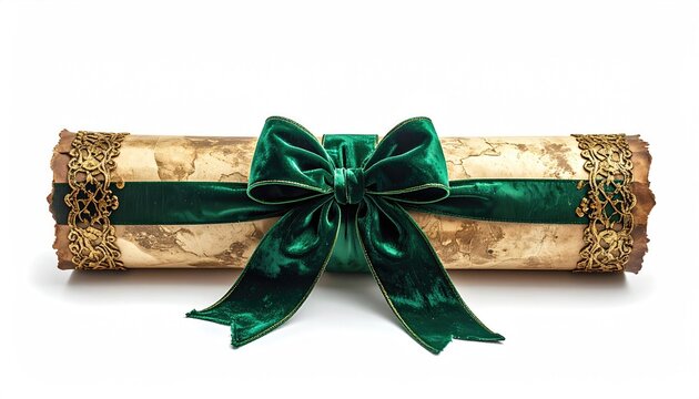 Aged scroll, tied with emerald velvet ribbon and ornate gold accents