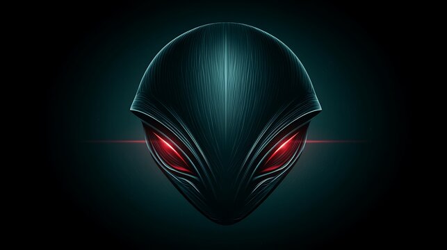 A sleek dark alien head with glowing red eyes on black. Representing extraterrestrial life and advanced futuristic.