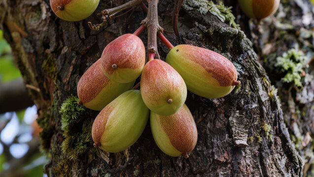 Unripe Ilama Fruit Cluster on Tree Trunk, Exotic Tropical Produce