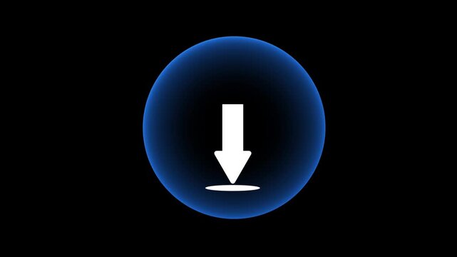 White download arrow button animation inside glowing blue neon circle on black background for cloud data downloading animation.