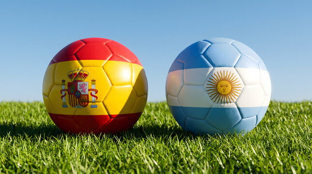 Spain vs Argentina soccer match concept with two footballs painted with national flags on green grass under blue sky