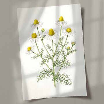 Beautiful hand drawn illustration of a fresh chamomile flower plant with yellow centers and green leaves on a textured paper surface