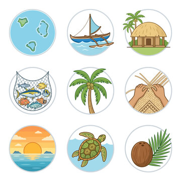 Set of nine circular icons representing Tokelau culture and geography featuring atoll maps, vaka canoe, fale house, fishing net, palm tree, weaving, sea turtle, and tropical ocean sunset.