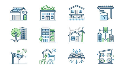 Fototapeta premium Dynamic Illustrations of Sustainable and Eco Friendly Urban Living Solutions in Blue and Green with high quality professional line art symbols for modern creative design and digital branding projects