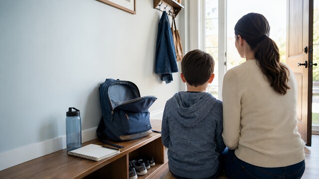 Morning Send-Off: Mother and Son Preparing for School at Home