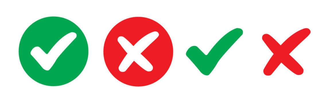 Green check mark and red cross icon set vector, approved and rejected symbols in circle and standalone styles on light background, yes no validation icons, flat design illustration