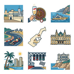 Fototapeta premium Set of nine flat vector icons representing Monaco culture, featuring Monte Carlo Casino, Formula 1 racing, luxury yachts, Mediterranean coastline, and historic landmarks.