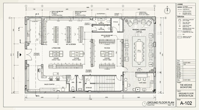 Ground floor plan of a retail bookstore with reading lounge and service areas