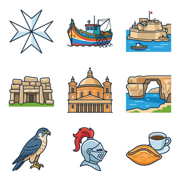 Set of 9 Maltese icons featuring Maltese cross, Luzzu fishing boat, Fort Saint Angelo, Hagar Qim megalithic temple, Mosta Rotunda dome, Azure Window, falcon, knight helmet, and pastizzi.