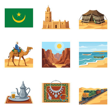 Mauritania cultural and travel icon set including national flag, Chinguetti mosque, nomad tent, camel rider, desert canyon, coastal fishing boats, tea set, jewelry, and iron ore train.