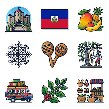 Haiti cultural icon set featuring Citadelle Laferriere, national flag, tropical fruit, voodoo veve symbol, maracas, tap tap bus, coffee plant, and market stall on white background.