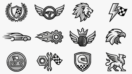 Professional Grayscale Icons Set Featuring Racing Aviation Mythical Creatures Tools and Symbols for Branding Logos or Design Projects © Danu