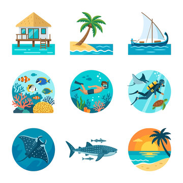 Set of flat vector illustrations representing Maldives tropical travel themes including overwater bungalows, palm trees, coral reefs, snorkeler, scuba diver, whale shark, and sunset.
