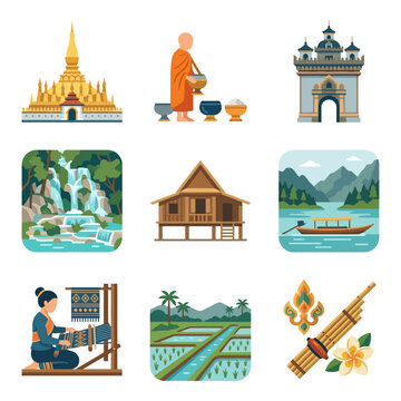 Laos culture and travel vector icon set including Pha That Luang, Patuxai, Buddhist monk, traditional loom weaver, rice terraces, Kuang Si waterfall, Mekong boat, and stilt house.