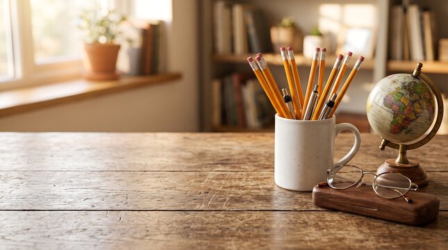Wooden desk with pencils in a mug. Workspace background with globe and stationery items.