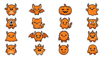 Fototapeta premium Cute Orange Monsters and Bat Characters Collection