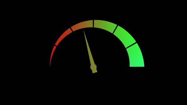 Fast speedometer acceleration animation loop with glowing green yellow red gauge indicator on black background for performance testing.