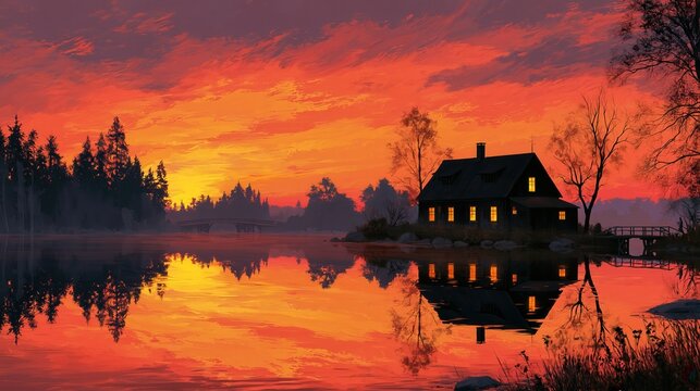 Cabin sits on the shore reflecting deep orange clouds during a dramatic and vibrant dusk sky moment.
