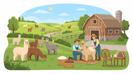 Naklejka premium Farmers shearing alpacas on a sunny farm with a barn, rolling green hills, and many alpacas grazing in the fields, illustrating wool production.