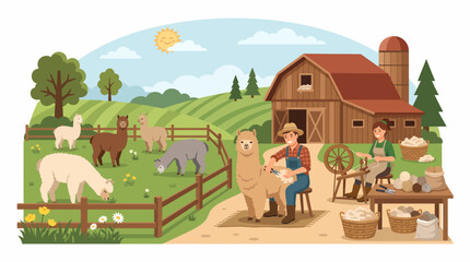 Naklejka premium A vibrant illustration of an alpaca farm with farmers shearing and spinning wool, set against a backdrop of green fields and a rustic barn under a sunny sky.