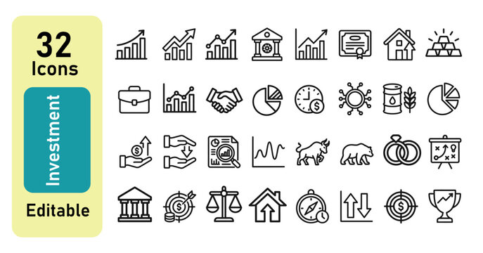 Investment and finance line icons set. Business growth, banking, and stock market outline icons bundle