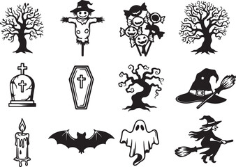 Fototapeta premium Vector art of collection of halloween icons including a tree, scarecrow, candy, tombstone, coffin, and ghost
