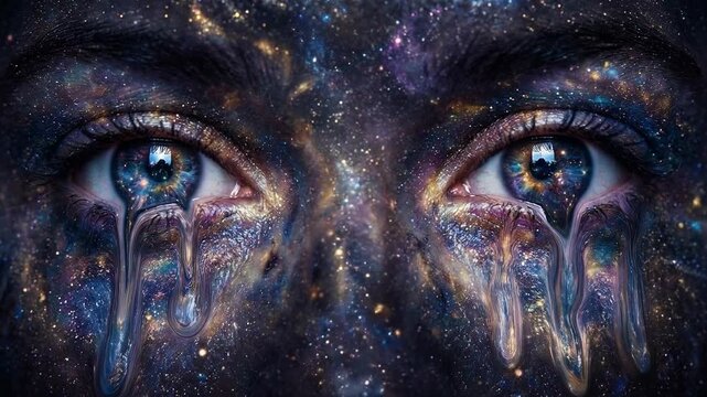 Abstract trippy background with melting eyes concept. Close up of surreal cosmic eyes with galaxy tears and starry face makeup in fantasy art style