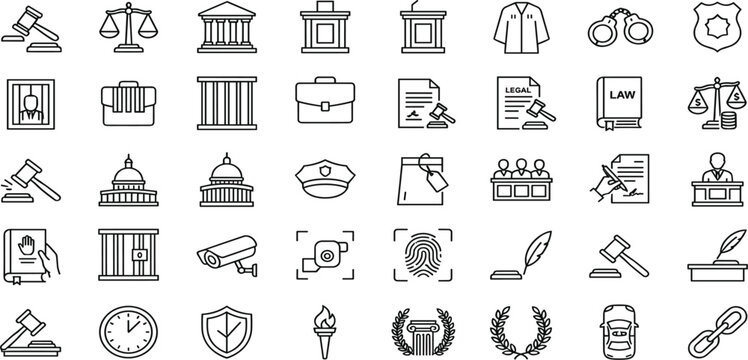 Law Enforcement Justice and Courtroom Trial Line Icon Set for Legal Defense Crime Investigation Government Policy and Judiciary System Infographics Vectors