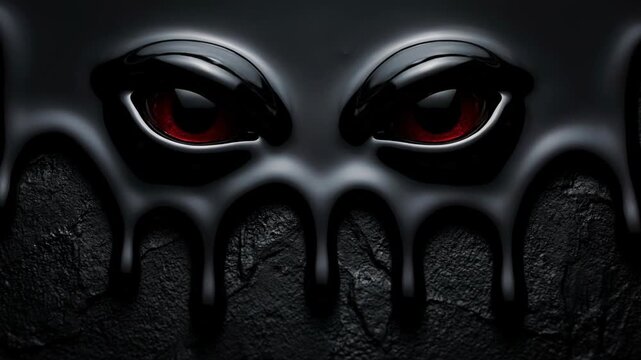 Abstract trippy background with melting eyes concept. Dark sinister red eyes with black melting texture on rough surface spooky horror background