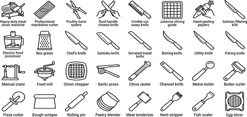 Professional Kitchen Knives and Food Preparation Tools Line Icon Set for Culinary Arts Restaurant Menus Recipe Blogs Catering Services and Gastronomy Infographics Vector © Forida