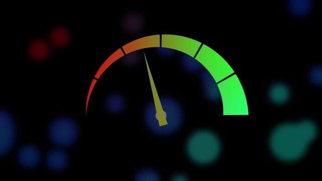 Fast speedometer acceleration animation loop with colorful glowing bokeh lights background for internet speed or engine performance test.
